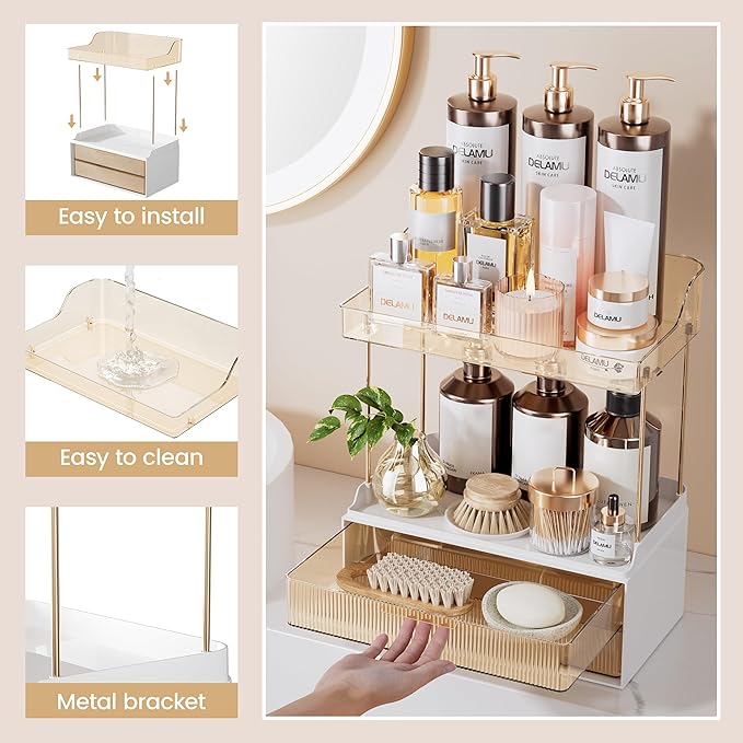 Delamu Bathroom Organizers and Storage, 2 Tier 2 Drawer Makeup Organizer Countertop, Easy to Install, Ideal for Bathroom Counter, Vanity, Ideal for Women Girls, Amber