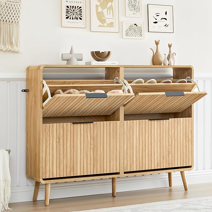 FurSch 47" Fluted Large Shoe Cabinet with 4 Flip Drawers, Slim Freestanding Shoe Cabinet Organizer, Narrow Shoes Storage Rack for Entryway, 5 Sturdy Legs (All Natural, 9.45" D x 47.24" W x 35.83" H)