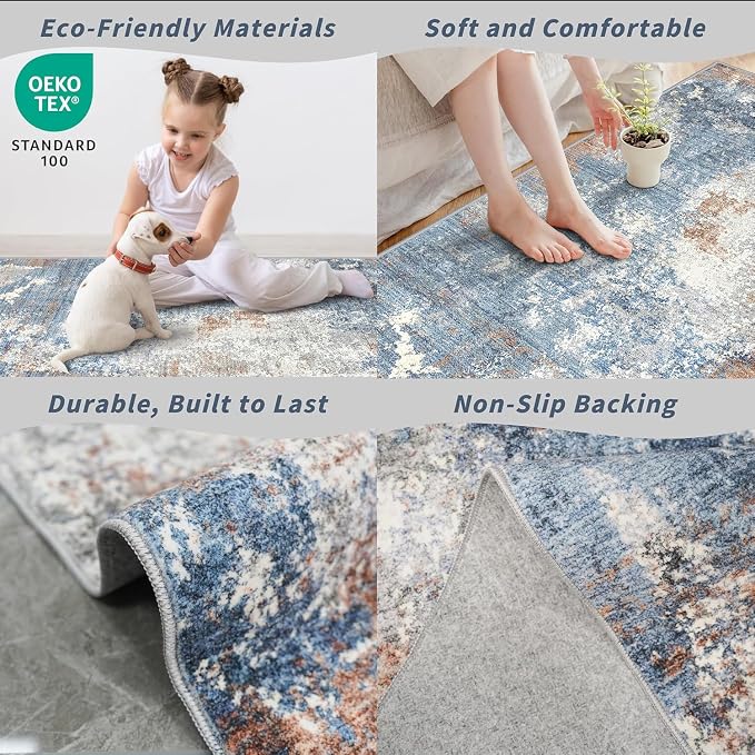 4x5 Washable Entryway Rug – Non-Slip Low Pile Throw Area Rug for Bathroom Kitchen Living Room Bedroom – Modern Abstract Neutral Soft Indoor Small Carpet (Blue Rust,4x5)