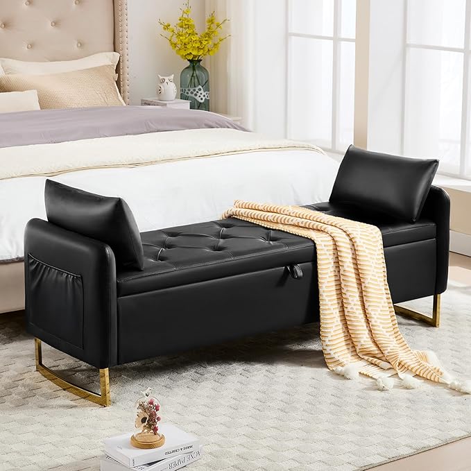 65" Storage Bench for Bedroom, End of Bed Storage Bench King Size for Foot of Bed with Tufted Button and Gold Legs, Upholstered Faux Leather Window Ottoman Benches with Armrests, Black