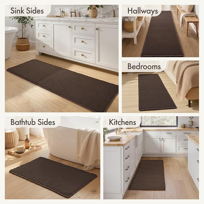 MIULEE Waffle Bathroom Runner Rugs, Super Absorbent Non Slip Bath Rug, Upgraded Soft Quick Dry Washable Boho Long Bath Mat with Tassels for Hallway Laundry Room Bedroom, 2'x4' (24"x48"), Chocolate