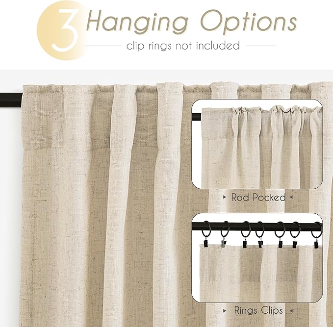 Faux Linen Beige Curtains 90 inches Long for Living Room Rustic Farmhouse Linen Drapes Semi Sheer Burlap Textured Canvas Cloth Curtain Panels Set of 2 Kahki Tan Colored