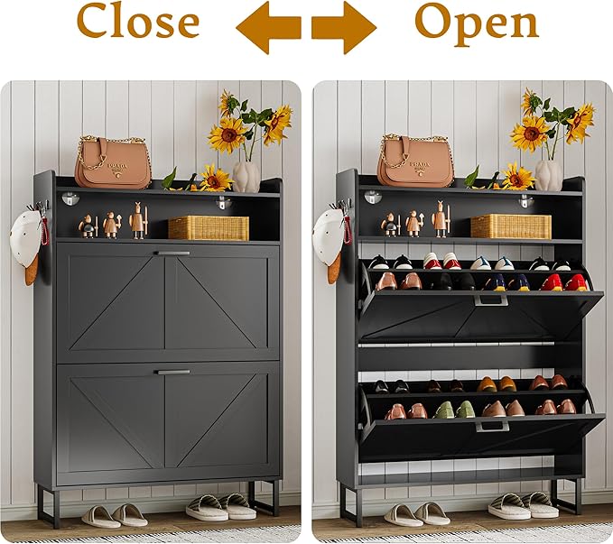Wodeer Shoe Storage Cabinet with 2 Flip Drawers, Narrow Wood Shoe Cabinet Storage for Entryway with Metal Legs & Hooks, Adjustable Shelves, Freestanding Shoe Rack Organizer for Foyer, Hallway, Black