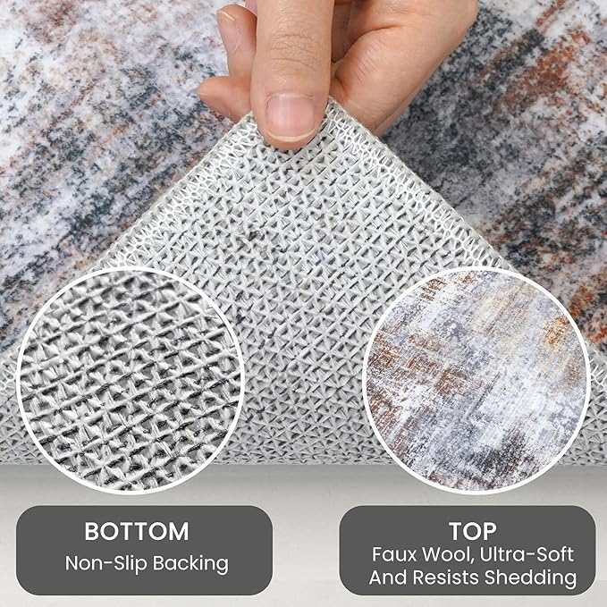 IOHOUZE Abstract Area Rug 4x5 Ft Washable Rugs for Entryway Indoor, Non Slip Small Living Room Rugs Printed Faux Wool Throw Rug, Floor Carpet for Kitchen Nursery Playroom, Orange Grey
