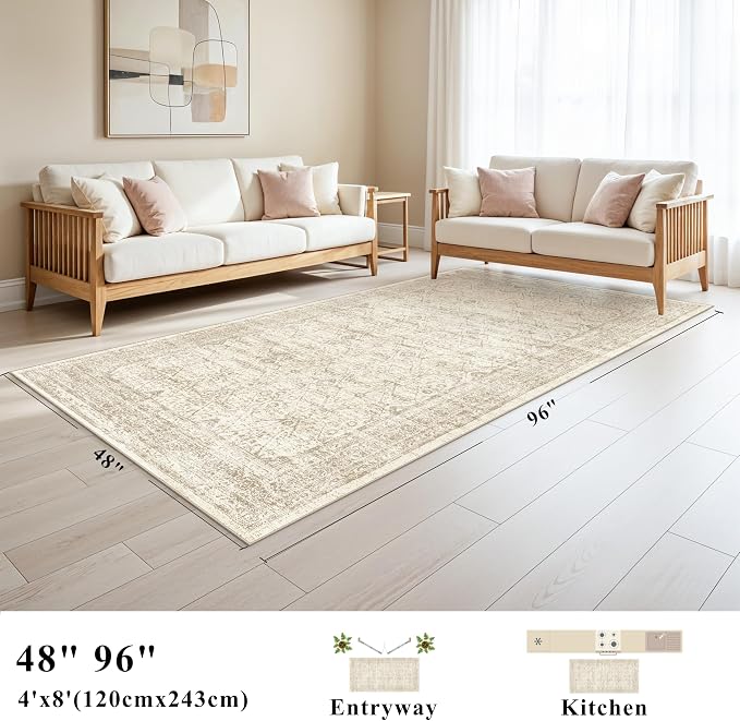 4x8 Rug Indoor Kitchen Washable: Non Slip Area Rug for Entry Hallway Farmhouse Vintage Rug Runner for Bathroom Entryway Low Pile Soft Door Mat for Living Room Bedroom (Beige/Ivory 4'x8')