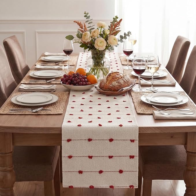 Artoid Mode Red Boho Farmhouse Cotton Woven Table Runner, Seasonal Christmas Kitchen Dining Table Decoration for Home Party Decor 12x36 Inch