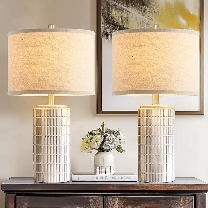 AIEAMPDO 23'' Set of 2 Modern Ceramic Table Lamps for Living Room Bedroom, Nightstand Farmhouse Beige White Desk Lamp for Bedside End Table Entryway, 2 LED Bulbs Included