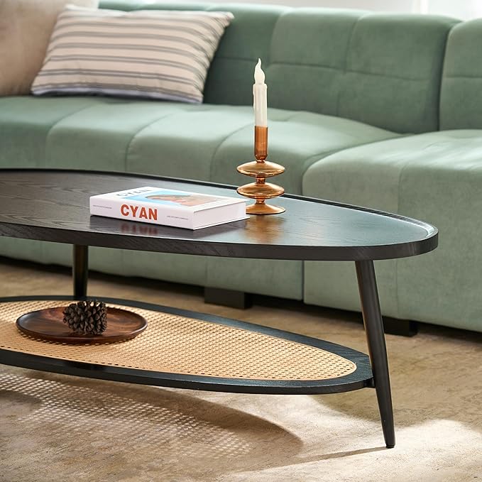 AGV LIGHTING Oval Coffee Table with Storage Shelf, 47" Mid Century Modern Coffee Table for Living Room, Black Wood Finish MDF Top with Rattan Shelf