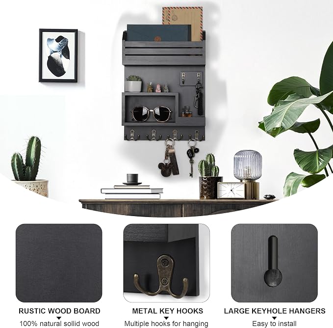 Key Holder for Wall, Wall Mounted Mail Organizer with 6 Metal Key Hooks, Key Racks for Home Entryway Decor, Luxury Black