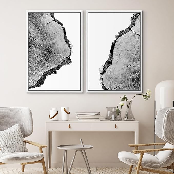 SIGNWIN Framed Wall Art Print Set Black & White Close Up Tree Ring Details Nature Wilderness Photography Modern Art Rustic Relax/Calm Multicolor for Living Room, Bedroom, Office - 24"x36"x2 White