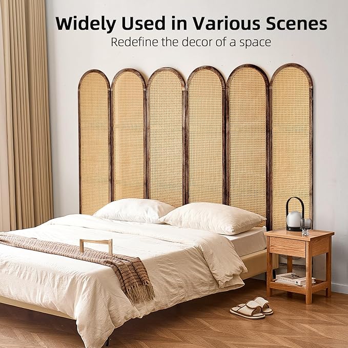 6 Panel Room Divider, Hand-Woven Rattan Room Divider Screen, Folding Privacy Screens with Double Hinges, Wooden Freestanding Wall Divider for Room Separation Bedroom Home Office - Brown