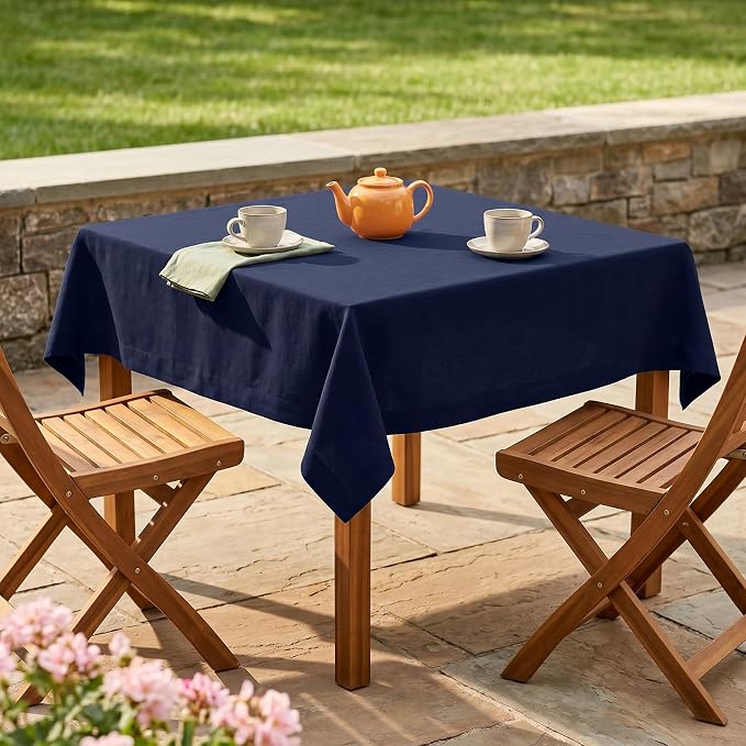 Solino Home Navy Blue Linen Tablecloth 52 x 52 Inch - 100% Pure Linen Square Table Throw - Fete, Machine Washable Table Cloth for Summer, 4th of July
