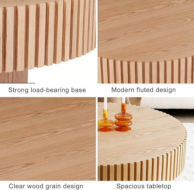 31.49" Round Fluted Coffee Table for Living Room, Mid Century Modern Drum Coffee Table with Sturdy Pedestal, Circle Center Table Accent Tea Table for Apartment ASH