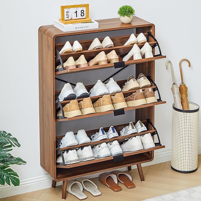FurSch Narrow Shoe Cabinet Storage for Entryway,Slim Tall Shoe Cabinet with 3 Flip Drawers, Fluted Shoes Rack Organizer (All Walnut, 3 Drawers)