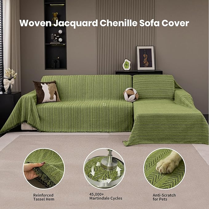 Chenille Couch Cover for Sofa Non Slip Cover Washable Pet Scratch Couch Covers Tassel Sofa Slipcover for 2 Cushion Couch Furniture Protector Blanket for Living Room,Yellow Green 71"x118"