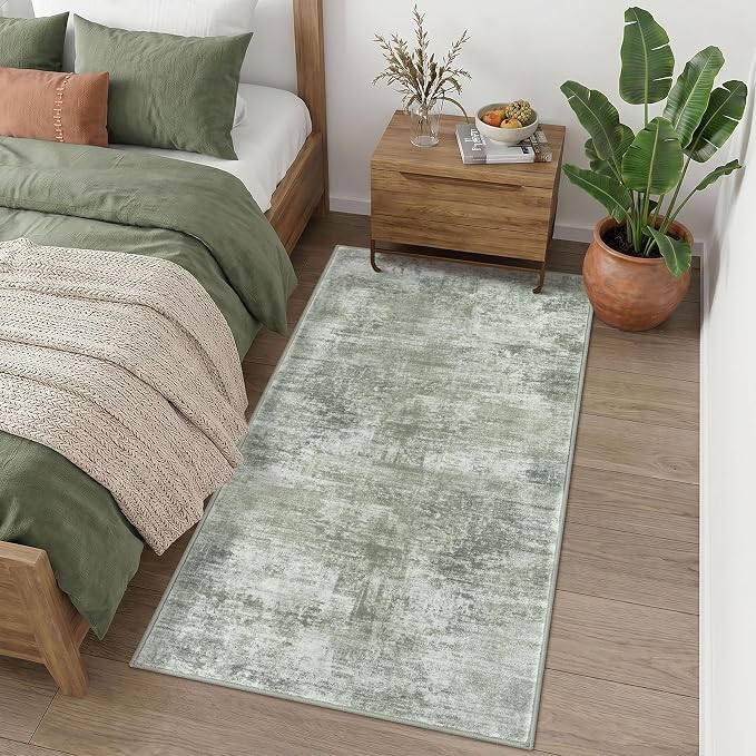 IOHOUZE Abstract Runner Rug 3x6 Ft Washable Runners for Hallways, Non Slip Kitchen Runner Printed Faux Wool Entryway Runner Indoor, Modern Abstract Floor Carpet for Hall Kitchen Bedroom, Sage Green