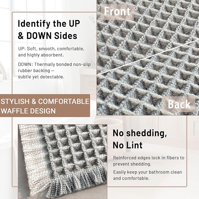 Waffle Bath Mat Set of 2, Non Slip Waffle Rugs for Bathroom, Super Absorbent & Quick Dry Soft Shower Mat for Bathroom & Kitchen Floor, Machine Washable Bath Rugs (Grey & White)