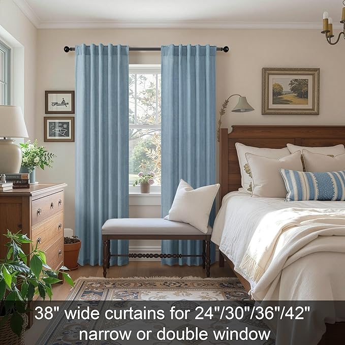 Light Blue Curtains 38 Inch Wide for Living Room 2 Panels Back Tab Pocket Light Reducing Semi Sheer Linen Long Skinny Small Country Blue Curtains for Bedroom Side Windows Grey Blue Width 38x84 Length