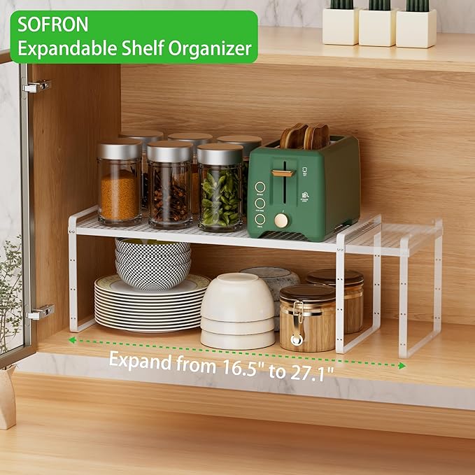 Expandable Cabinet Storage Shelf Stackable Organizer Rack for Kitchen Bathroom Pantry Spice Cupboard Coffee Countertop Home Office Desk Heavy Duty Nonslip White Large 2 Packs