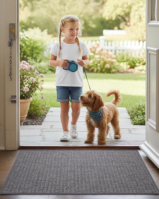 DEXI Door Mat for Entrance 24x36, Non Slip Entry Doormats for Inside House, Low Profile Entryway Doormat, Dirt Trapper Front Door Mats for Patio Porch, Grey