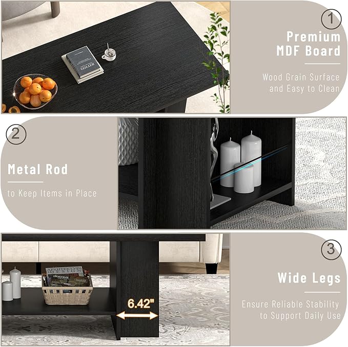 FOLUBAN Black Coffee Table with Storage Bottom Shelf & Side Shelves, Modern 2-Tier Living Room Center Table, Rectangular Wood Cocktail Tea Table for Home Office, 47 Inch