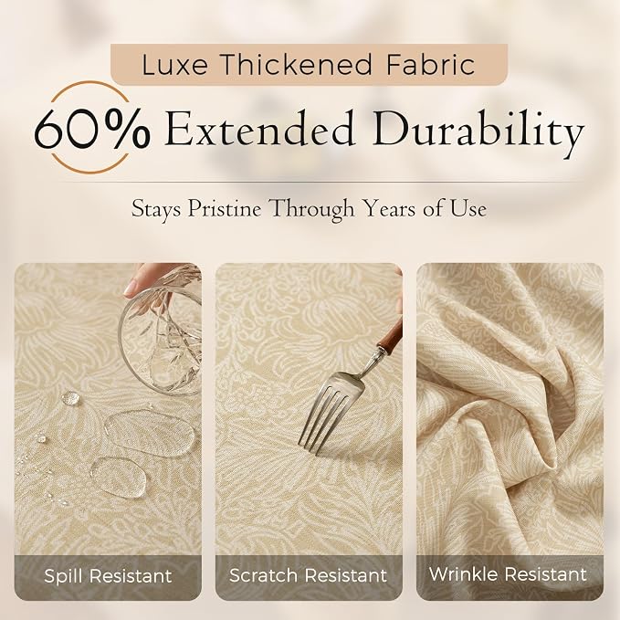 Beige Thick Linen Tablecloth for Rectangle Tables, Waterproof Wipeable Decorative Table Cover for Dining Kitchen Indoor Outdoor, 63" x 91", 6-8 Seats