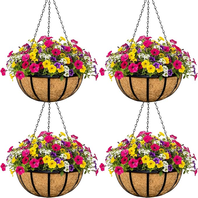 4pcs 16 inch Metal Hanging Baskets Round Wire Plant Stand with Coco Lining Cushion Decorative Planter Hanger Garden Indoor Outdoor Watering Hanging Basket （BT）