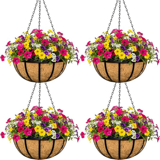 4pcs 14 inch Metal Hanging Baskets Round Wire Plant Stand with Coco Lining Cushion Decorative Planter Hanger Garden Indoor Outdoor Watering Hanging Basket （BT）