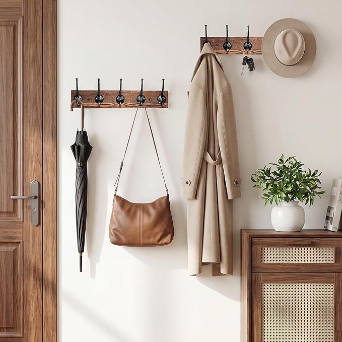 Wall Mounted Coat Rack, Natural Wood Floating Shelf with 5 Heavy Duty Black Metal Hooks, Multi-Purpose Hat, Key, Towel, and Bag Hanger for Entryway, Bathroom, Bedroom, Mudroom