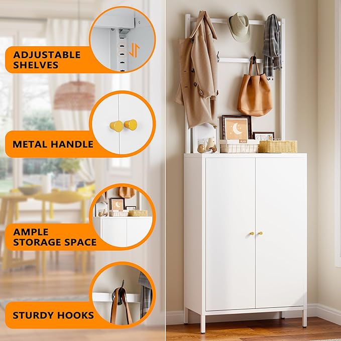 Hall Tree, 72” Shoe Cabinet with Rack, 2-Door Metal Shoe Organizer with 3 Adjustable Shelves & 5 Hooks, Farmhouse Hallway Cabinet for Shoes, Hats, and Keys, White