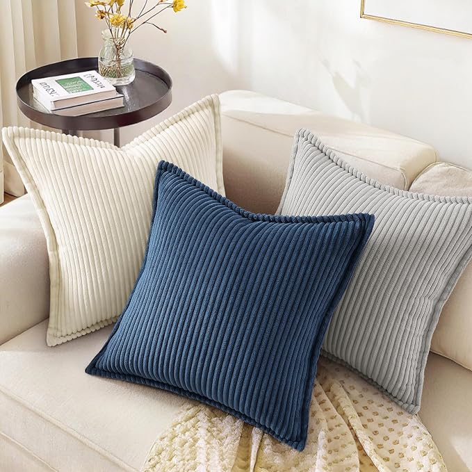 decorUhome Summer Corduroy Grey Throw Pillow Covers 20x20 Set of 2 Decorative Soft Boho Farmhouse Couch Pillow Covers for Living Room Bed Sofa Broadside Striped Pillow Cases