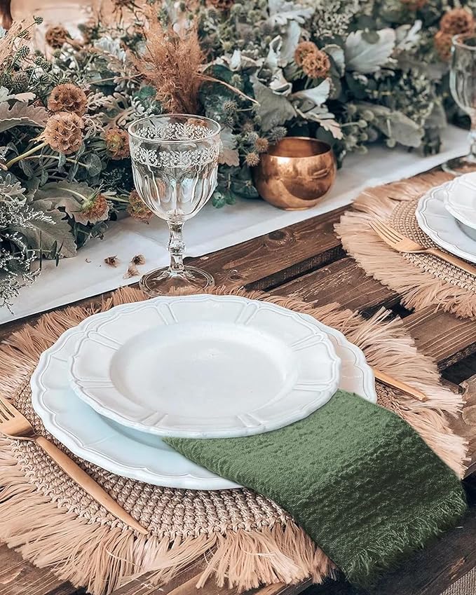 12 Pack Olive Green Cloth Napkins Cotton Linen Napkins 16 x 16 Inch Green Napkin Cloth Handmade with Fringe Soft Napkin Cloths Washable Rustic Dinner Napkin Cloths for Wedding Party Dinner Table