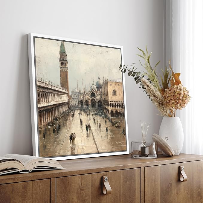 SIGNFORD Framed Canvas Print Wall Art Classic European Cityscape Architecture Illustrations Modern Art Relax/Calm Warm for Living Room, Bedroom, Office - 24"x24" WHITE