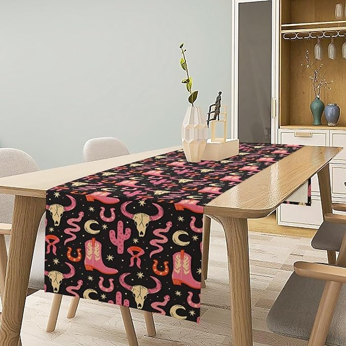 Western Cowgirl Table Runner, Pink Cowboy Boots Cacti Cactus Skull Print Table Runner for Kitchen Dining Party Birthday Wedding, 13x90 Inch