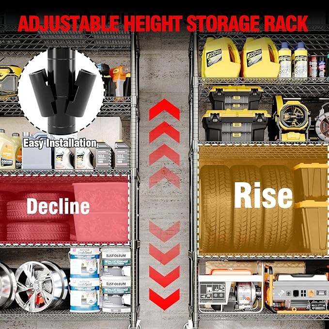 5 Tier Metel Shelving with Wheels, Garage Storage Shelves Heavy Duty Rack Load 3300LBS, Ajustable Black Wire Shelving Unit, for Home Garage Basement, Easy Assembly, 59" W X 24" D X 82" H