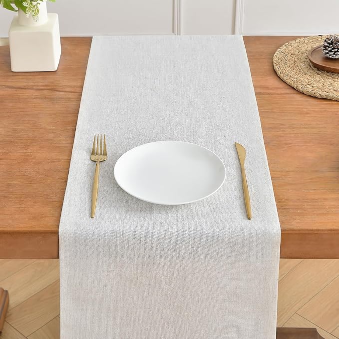 Wracra Linen Style Table Runner, Rustic Farmhouse Off White Table Runners 108 Inches Long, Handcrafted Table Runner for Fall, Winter - Everyday Use and Machine Washable
