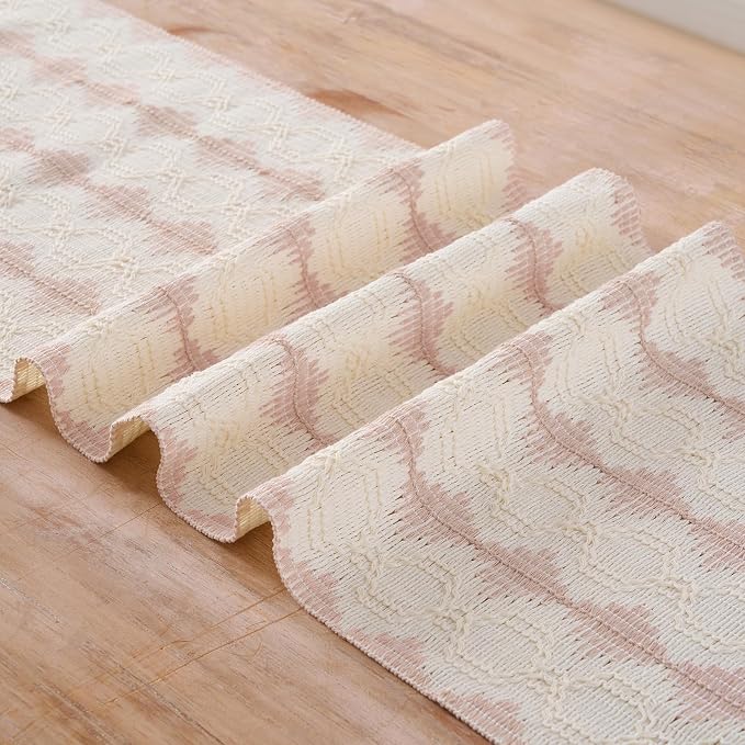Fancy Homi Pink Boho Cotton Polyester Table Runner 48 Inches Long, Farmhouse Macrame Table Runners with Tassels for Home Party Bohemian Rustic Bridal Shower Kitchen Dining Decor 12x48 Inches