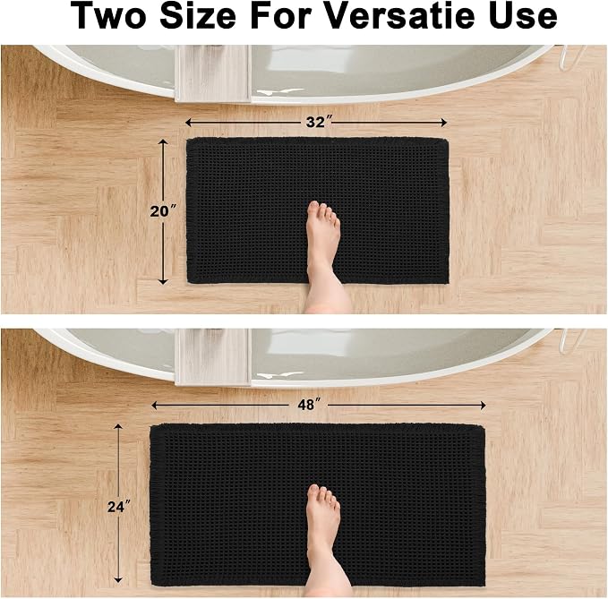 Hiasan Set of 2 Waffle Bath Mat, Super Absorbent Non Slip Bathroom Boho Rug with Tassels, Machine Washable Bath Mats for Bathroom, Ultra Soft Rubber Backed Rug, Black, 20" x 32" + 24" x 48"