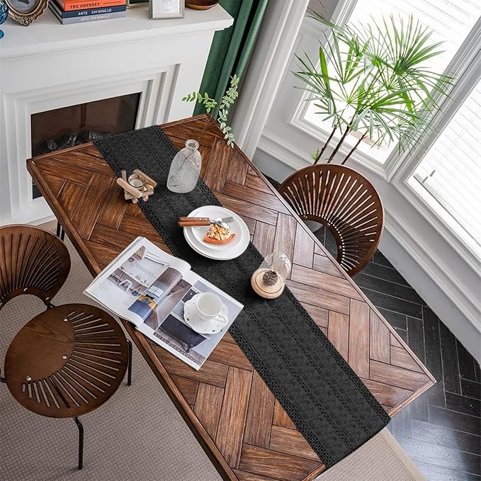 Macrame Table Runner Pure Black Boho Table Runners with Tassels Hand Woven Cotton Table Runner Rustic Farmhouse Table Runners for Bohemian Kitchen Dining Table(12x36in)
