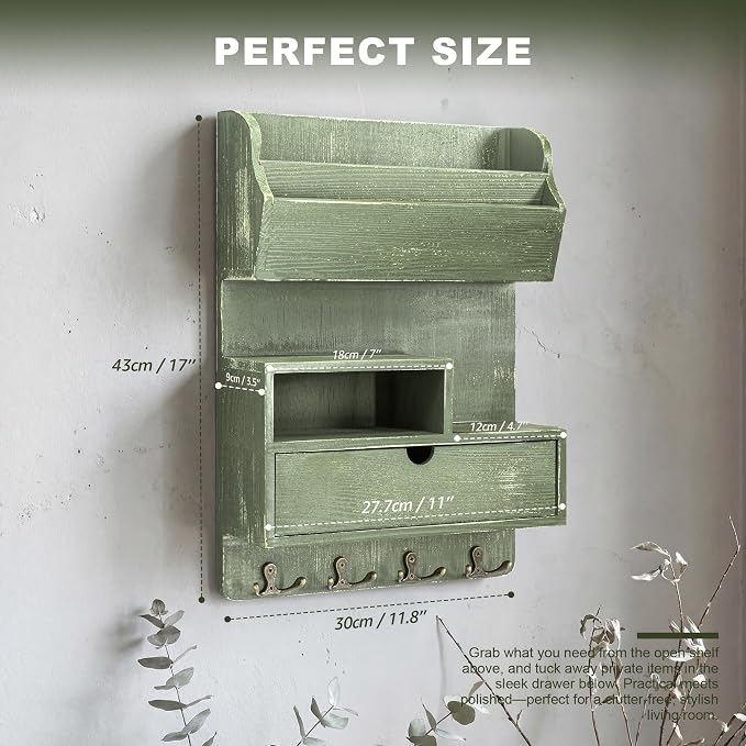 Rebee Vision Pine Wood Key Holder Wall Mount for Home Decor – Key Holder for Wall with Drawer Organizer & Mail Organizer Can Store Letters – Ideal New Home Essentials for Office Decor(Green)