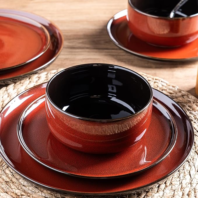 LERATIO Ceramic Dinnerware Sets for 8,Plates and Bowls Sets,Handmade Reactive Glaze Dishes Set,Highly Chip and Crack Resistant | Dishwasher & Microwave & Oven Safe Dishes set,Service for 8-Red(24pc)
