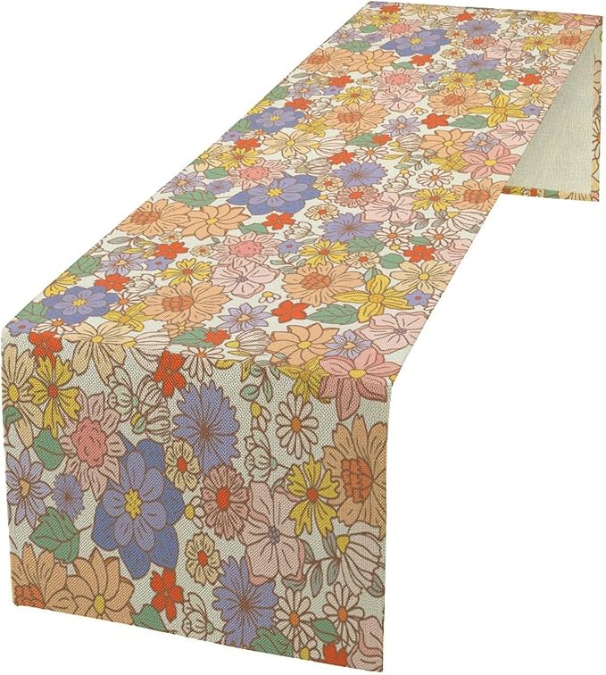 Vintage Floral Table Runner Boho 70s Style Retro Flower Hippie Groovy Pattern Dinner Runner for Home Kitchen Dining Table Party Decor 13"x36"