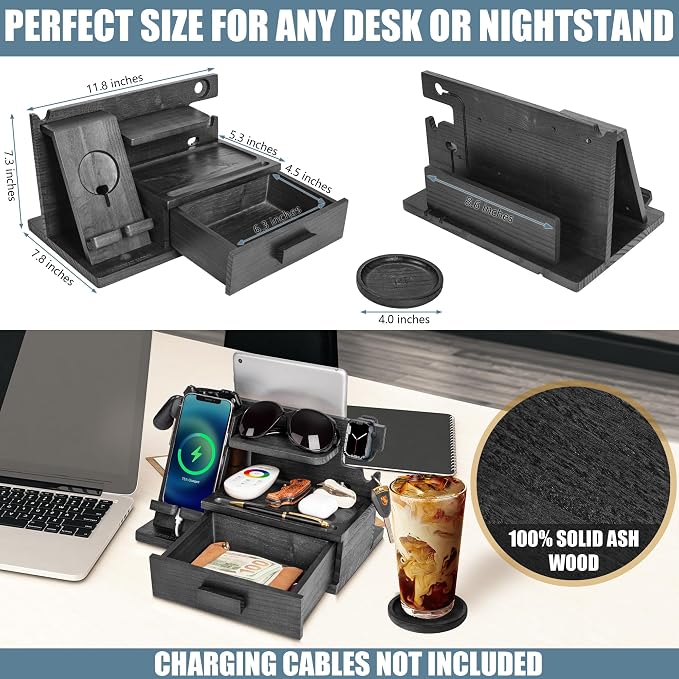 Parkway Home Black Wood Phone Docking Station with Drawer, Compatible with Apple Watch - Wood Charging Station Organizer Stand, Bedside Nightstand Organizer for Men, Holds, Tablet, Glasses, Keys, EDC