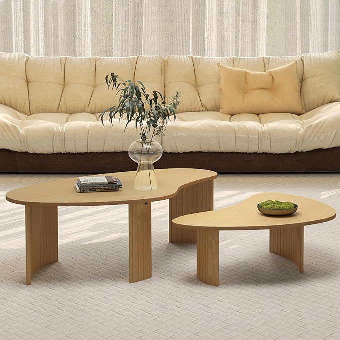 Nesting Coffee Tables Set of 2, Cloud Coffee Tables with Fluted Legs, Ash Veener End Table for Living Room, Natural