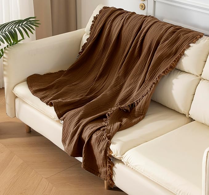 KyraHome 100% Organic Cotton Throw Blankets for Couch, 50" x60“, Pre-Washed Breathable Lightweight Gauze Muslin Blankets for Adults, Napping, Picnic, All-Season, Brown