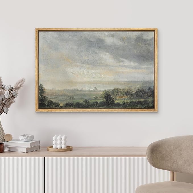 MUDECOR Framed Canvas Print Wall Art Misty Horizon Landscape Moody Sky & Serene Countryside Illustrations Digital Art Decorative Bohemian Contemporary for Bedroom - 24"x36" Natural
