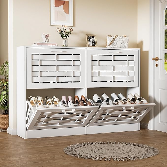 White Shoe Cabinet Storage for Entryway with 4 Flip Drawers, Slim Shoe Rack Cabinet with Stylish Handwoven Panel, Farmhouse Shoe Organizer Cabinet for Hallways, Living Rooms
