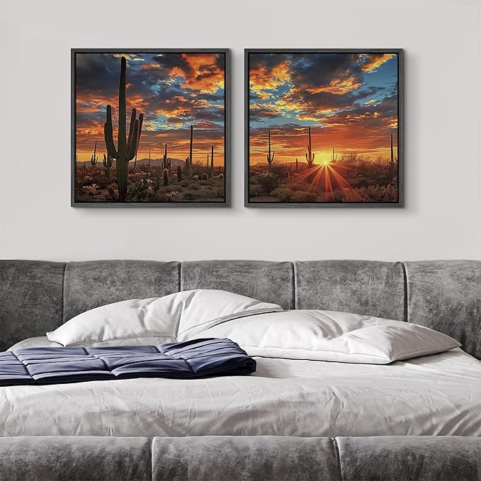 SIGNFORD Framed Canvas Print Wall Art Set Desert Sunset Cactus Artwork, Dramatic Sky Southwest Landscape Illustrations Modern Art Minimal Relax/Calm for Living Room, Bedroom, Office - 16"x16"x2 BLACK