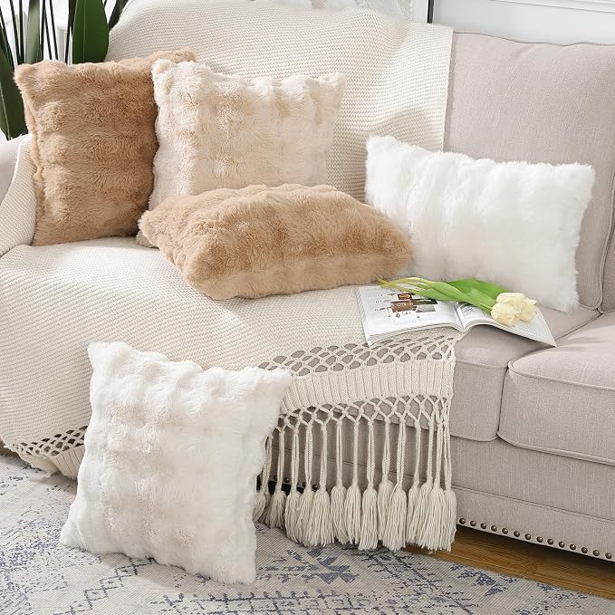 MADIZZ Pack of 2 Thick Plush Faux Wool Throw Pillow Covers Soft Boho Throw Pillows Luxurious Cushion Covers for Couch Sofa Bedroom Living Room Home Decor 20x20 Inch Cream