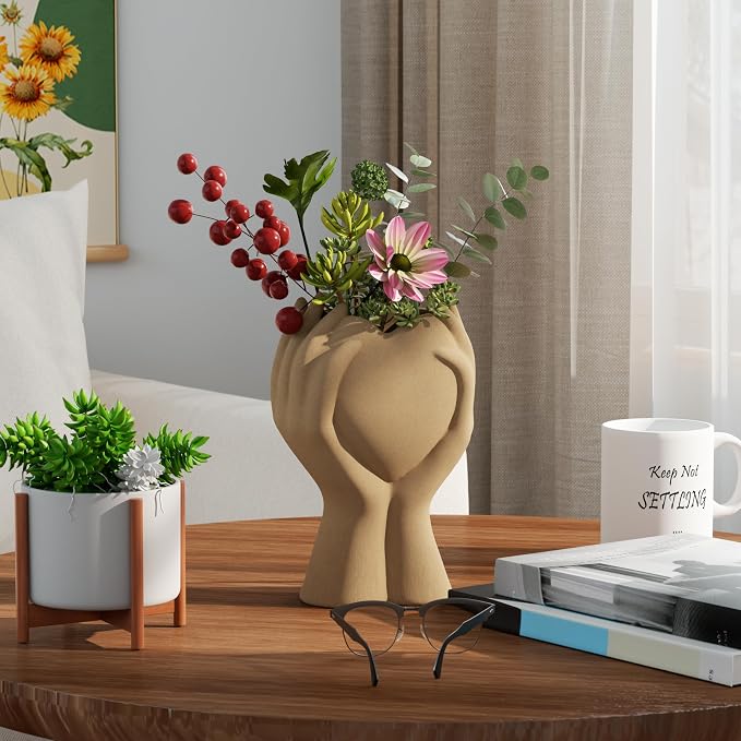 8 Inch Heart Hand Brown Ceramic Vase - Unique Modern Aesthetic Flowers Vase for Living Room Bedroom Office Kitchen Table Centerpiece or Shelf Decor - Gifts for Wedding Bridal Shower Women Mom (Brown)